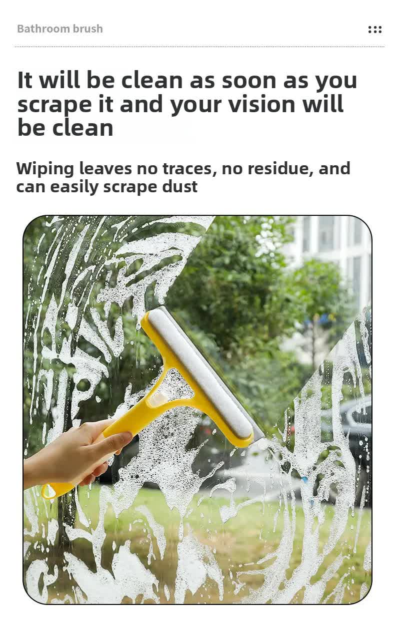 Yellow 3-in-1 Window Squeegee with Built-in Spray Bottle - Dual Sided Sponge Glass Cleaner - Streak Free Tool for Shower Screens, Mirrors & Car Windows