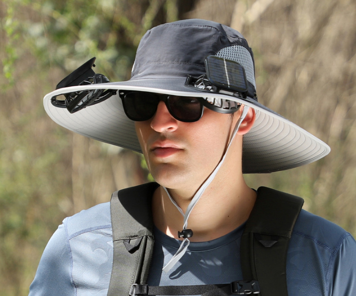 Dark Grey Dual Solar Fan Hat with Rechargeable Battery - Wide Brim UPF 50+ Sun Protection Bucket Hat for Fishing & Outdoor Work