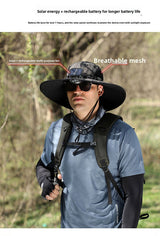 Dual Solar Fan Hat with Rechargeable Battery - Wide Brim UPF 50+ Sun Protection Bucket Hat - Khaki Ink Pattern for Fishing & Camping - Side View