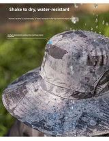 Dual Solar Fan Hat with Rechargeable Battery - Wide Brim UPF 50+ Sun Protection Bucket Hat - Green Ink Pattern for Fishing & Camping