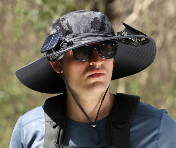 Dual Solar Fan Hat with Rechargeable Battery - Wide Brim UPF 50+ Sun Protection Bucket Hat - Dark Grey Ink Ink Pattern for Fishing & Camping