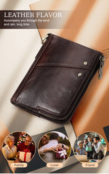 Genuine Leather Mens Wallet Double Zipper - RFID Blocking Bifold Card Holder with Coin Pocket - Vintage Brown Gift for Him - Front View