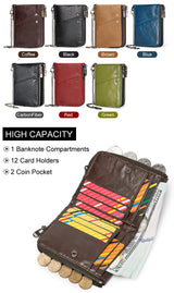 Genuine Leather Mens Wallet Double Zipper - RFID Blocking Bifold Card Holder with Coin Pocket - Vintage Brown Gift for Him - Top-Down View
