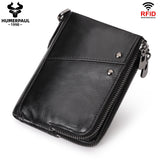 Genuine Leather Mens Wallet Double Zipper - RFID Blocking Bifold Card Holder with Coin Pocket - Black Gift for Him