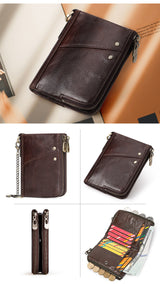 Genuine Leather Mens Wallet Double Zipper - RFID Blocking Bifold Card Holder with Coin Pocket - Black Gift for Him - 45-Degree Angle