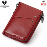 Genuine Leather Mens Wallet Double Zipper - RFID Blocking Bifold Card Holder with Coin Pocket - Red Gift for Him