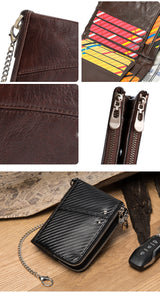 Genuine Leather Mens Wallet Double Zipper - RFID Blocking Bifold Card Holder with Coin Pocket - Green Gift for Him - Rear View