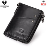 Genuine Leather Double Zipper Wallet - Black RFID Blocking Bifold Card Holder - Vintage Cowhide Purse with Coin Pockets (13cm)