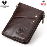 Genuine Leather Double Zipper Wallet - Brown RFID Blocking Bifold Card Holder - Vintage Cowhide Purse with Coin Pockets (13cm)