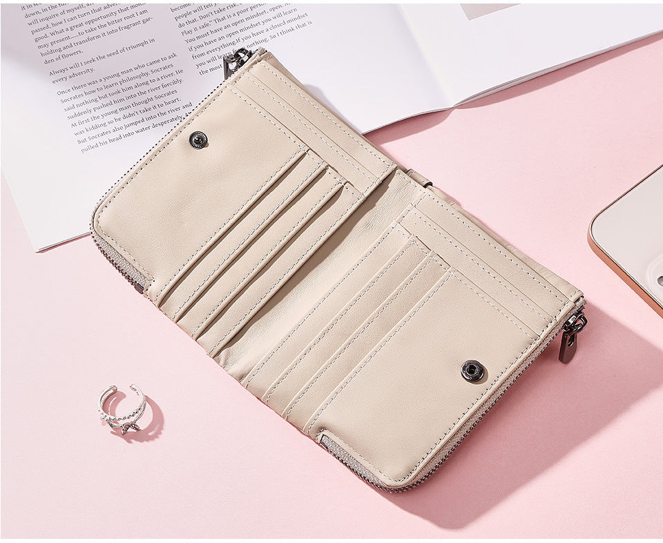 Genuine Leather Double Zipper Wallet - Brown RFID Blocking Bifold Card Holder - Vintage Cowhide Purse with Coin Pockets (13cm)