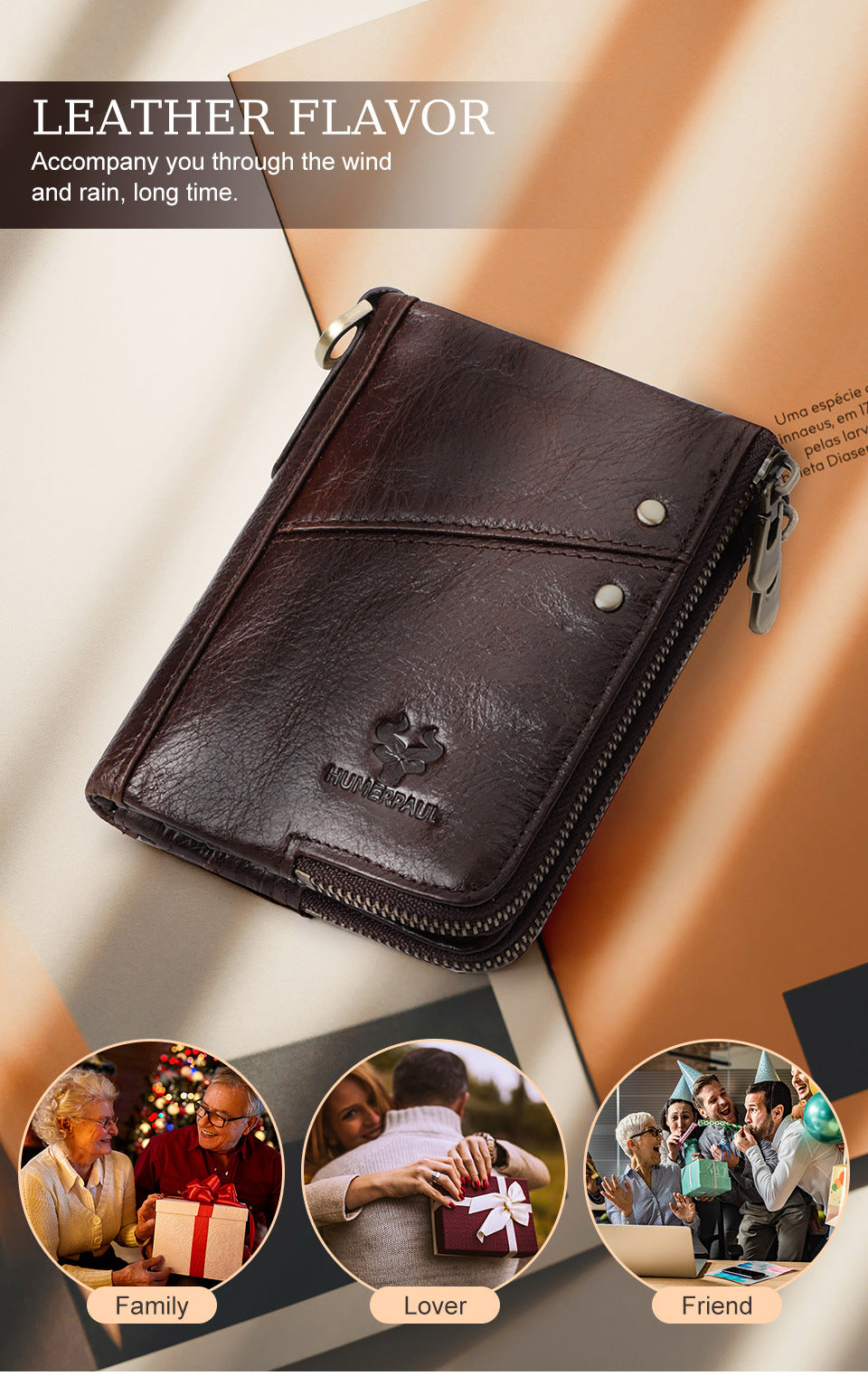 Genuine Leather Double Zipper Wallet - Brown RFID Blocking Bifold Card Holder - Vintage Cowhide Purse with Coin Pockets (13cm)