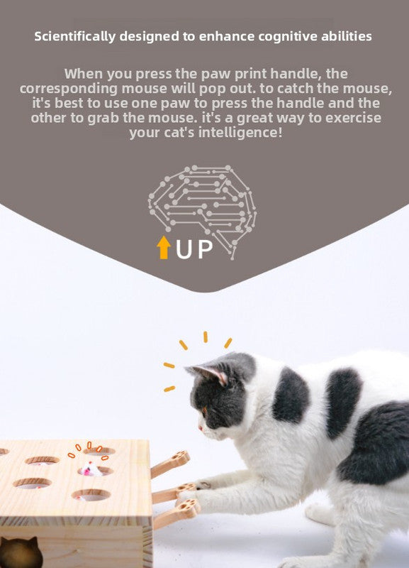 Interactive Wooden Cat Toy Whack-A-Mole Box - Solid Pine Puzzle Game with Pop-Up Plush Mice - Mental Enrichment & Bonding for Indoor Cats