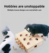 Interactive Wooden Cat Toy Whack-A-Mole Box - Solid Pine Cloud Puzzle with Pop-Up Cartoon Figures - Mental Enrichment & Bonding Game for Indoor Cats - Front View