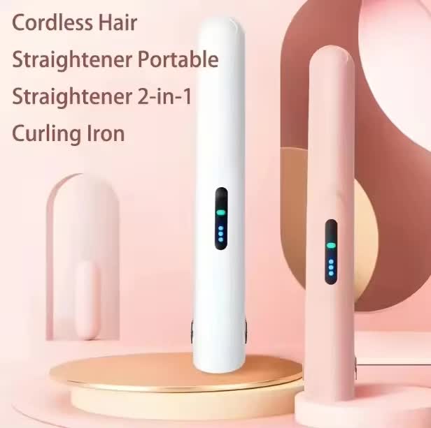 Cordless Mini Hair Straightener & Curler 2-in-1 - Portable USB Rechargeable Ceramic Flat Iron with 3 Temperature Settings - Compact Travel Styler for Bangs & Touch Ups - Pink