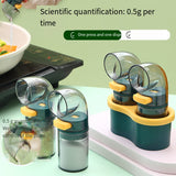 2 PCS Quantitative Salt & Spice Dispenser Set with Storage Base - 0.5g Precise Metering Shakers for Salt & Pepper - Push Button Portion Control Kitchen Organiser - Dark Green - Side View