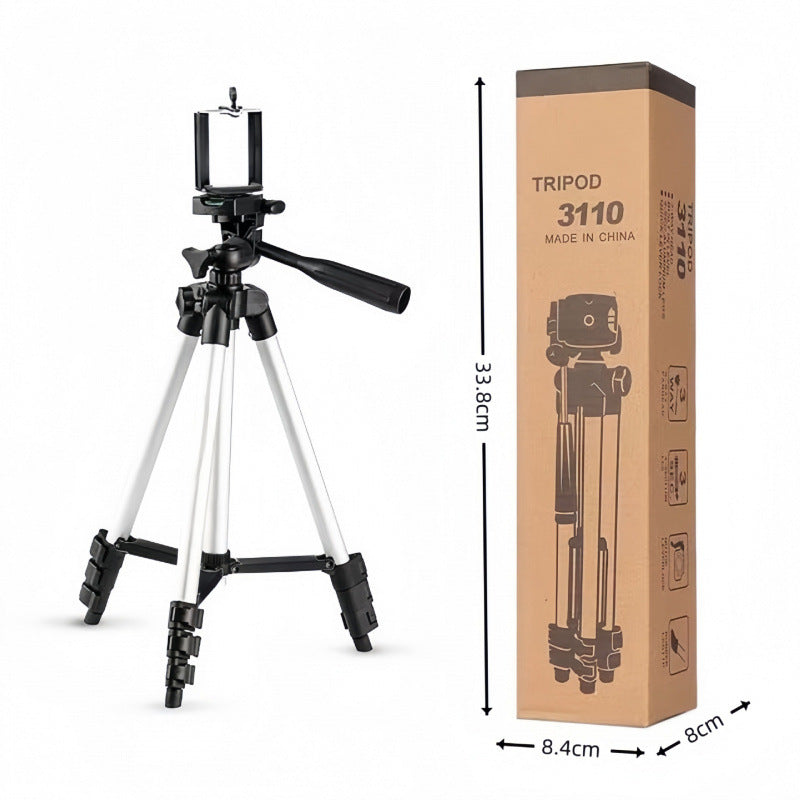110cm Lightweight Camera & Phone Tripod Stand - Portable Aluminium Travel Tripod with 3-Way Head, Bubble Level & Universal Smartphone Holder - 3110 Adjustable Mount for Live Stream & Vlogging - Black and Silver