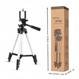 110cm Lightweight Camera & Phone Tripod Stand - Portable Aluminium Travel Tripod with 3-Way Head, Bubble Level & Universal Smartphone Holder - 3110 Adjustable Mount for Live Stream & Vlogging - Black and Silver
