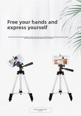 3888 Bluetooth Tripod Stand with Wireless Remote Shutter - 110cm Lightweight Aluminium Travel Mount for iPhone & Android - 3-Way Head Camera & Phone Holder with Carry Bag - Silver and Black - Side View