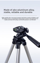 3888 Bluetooth Tripod Stand with Wireless Remote Shutter - 110cm Lightweight Aluminium Travel Mount for iPhone & Android - 3-Way Head Camera & Phone Holder with Carry Bag - Silver and Black