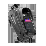 ROCKBROS Hard Shell Bike Top Tube Bag - Waterproof Cycling Frame Pouch with TPU Touchscreen Phone Holder & Sun Visor - 1.7L Large Capacity for MTB & Road Bikes - Black - Front View