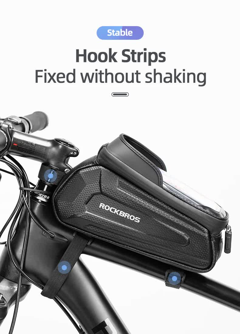 ROCKBROS Hard Shell Bike Top Tube Bag - Waterproof Cycling Frame Pouch with TPU Touchscreen Phone Holder & Sun Visor - 1.7L Large Capacity for MTB & Road Bikes - Black