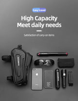 ROCKBROS Hard Shell Bike Top Tube Bag - Waterproof Cycling Frame Pouch with TPU Touchscreen Phone Holder & Sun Visor - 1.7L Large Capacity for MTB & Road Bikes - Black - Close-Up Angle