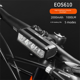 EOS610 1000 Lumen Anti-Glare Bike Light with Single Bracket Mount - USB Rechargeable LED Headlight 2000mAh - Waterproof Aluminium Horizontal Front Lamp for MTB & Road