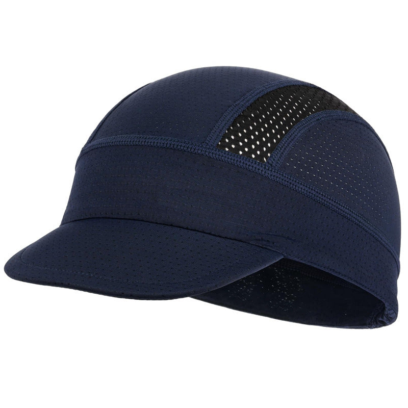 Navy blue mesh cycling cap and helmet liner with flip-up brim