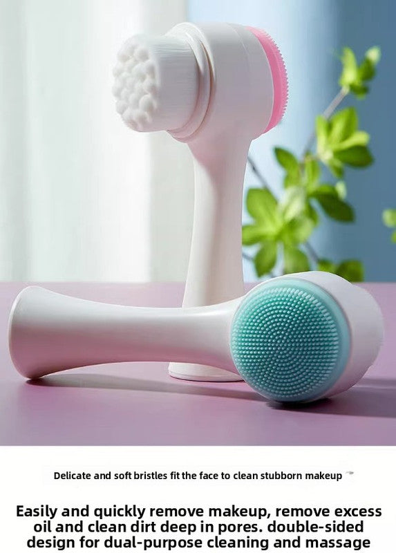2-in-1 Dual Sided Facial Cleansing Brush Soft Microfiber & Silicone Scrubber Manual Face Washer Exfoliator Tool Blue for Deep Pore Cleaning