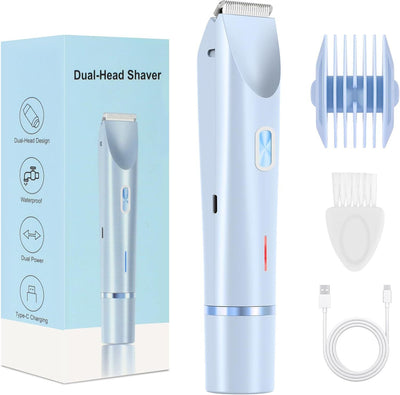 2-in-1 Electric Lady Shaver & Bikini Trimmer Dual Head Waterproof Wet & Dry Body Hair Remover Cordless Razor for Face Legs Underarms Blue