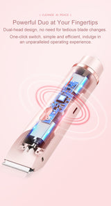 2-in-1 Electric Lady Shaver & Bikini Trimmer Dual Head Waterproof Wet & Dry Body Hair Remover Cordless Razor for Face Legs Underarms Purple - Close-Up Angle