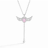 S925 Sterling Silver Angel Wings Necklace with Pink Heart Crystal & Tassel Drop Adjustable Chain Jewellery Gift for Her
