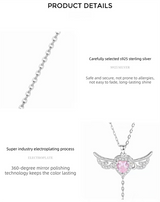 S925 Sterling Silver Angel Wings Necklace with Pink Heart Crystal & Tassel Drop Adjustable Chain Jewellery Gift for Her