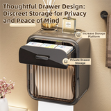 Latte No-Drill Wall Mounted Toilet Paper Holder with Storage Shelf and Drawer - Waterproof Bathroom Tissue Dispenser for Roll & Face Tissue