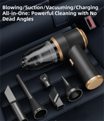 4-in1 Blue Wireless Compact Handheld Car Vacuum Cleaner & Air Duster  with 5 Nozzles/Brushes- 15000 Pa Ultra-Powerful Blower/Suction Tool for Auto, Home & Office
