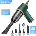 4-in1 Green Wireless Compact Handheld Car Vacuum Cleaner & Air Duster  with 5 Nozzles/Brushes- 15000 Pa Ultra-Powerful Blower/Suction Tool for Auto, Home & Office