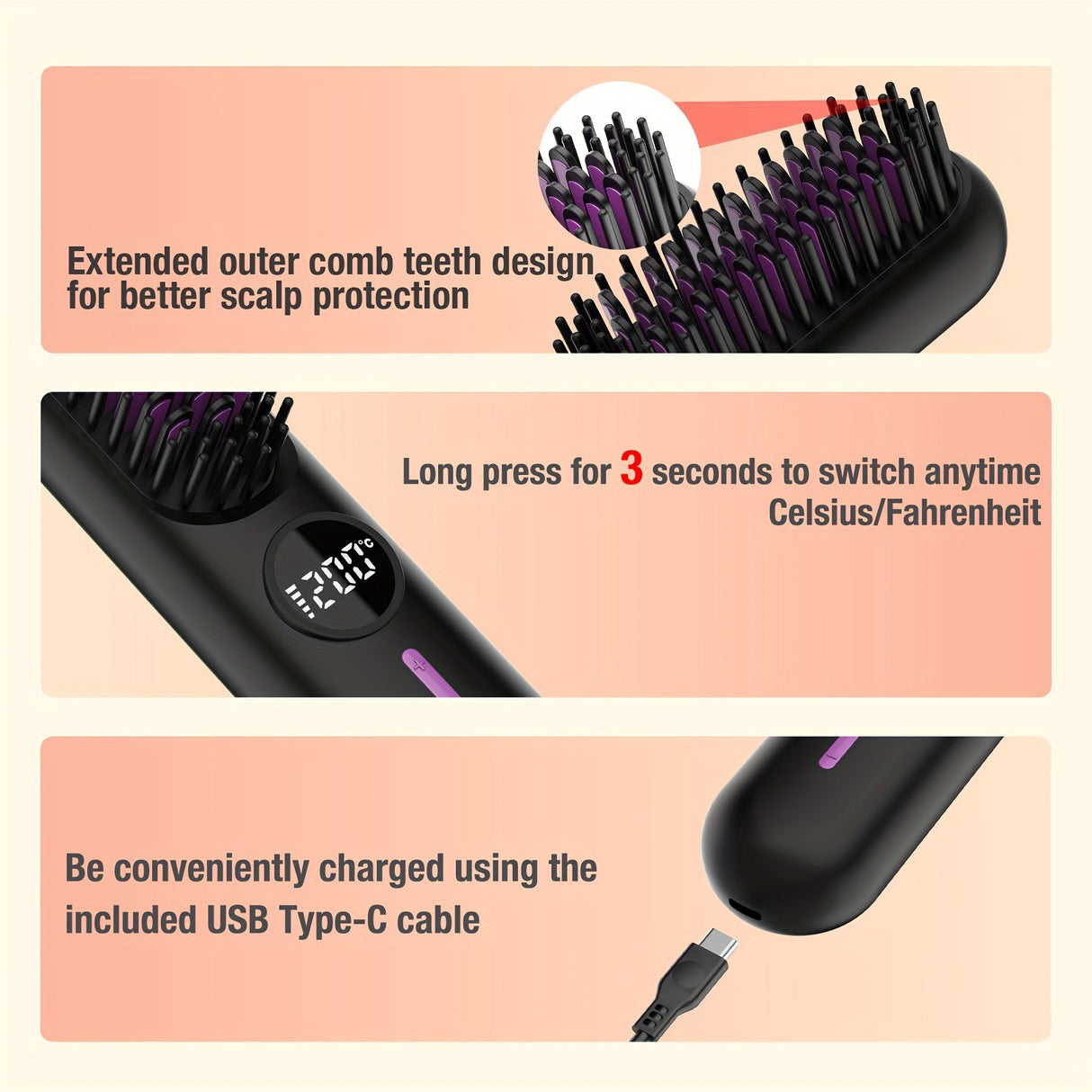S01 Black Cordless Hair Straightener Brush - 2-in-1 Curling & Straightening Tool with LED Power Display and 7-Level Temp Control, Mini Quick Heat Anti-Damage