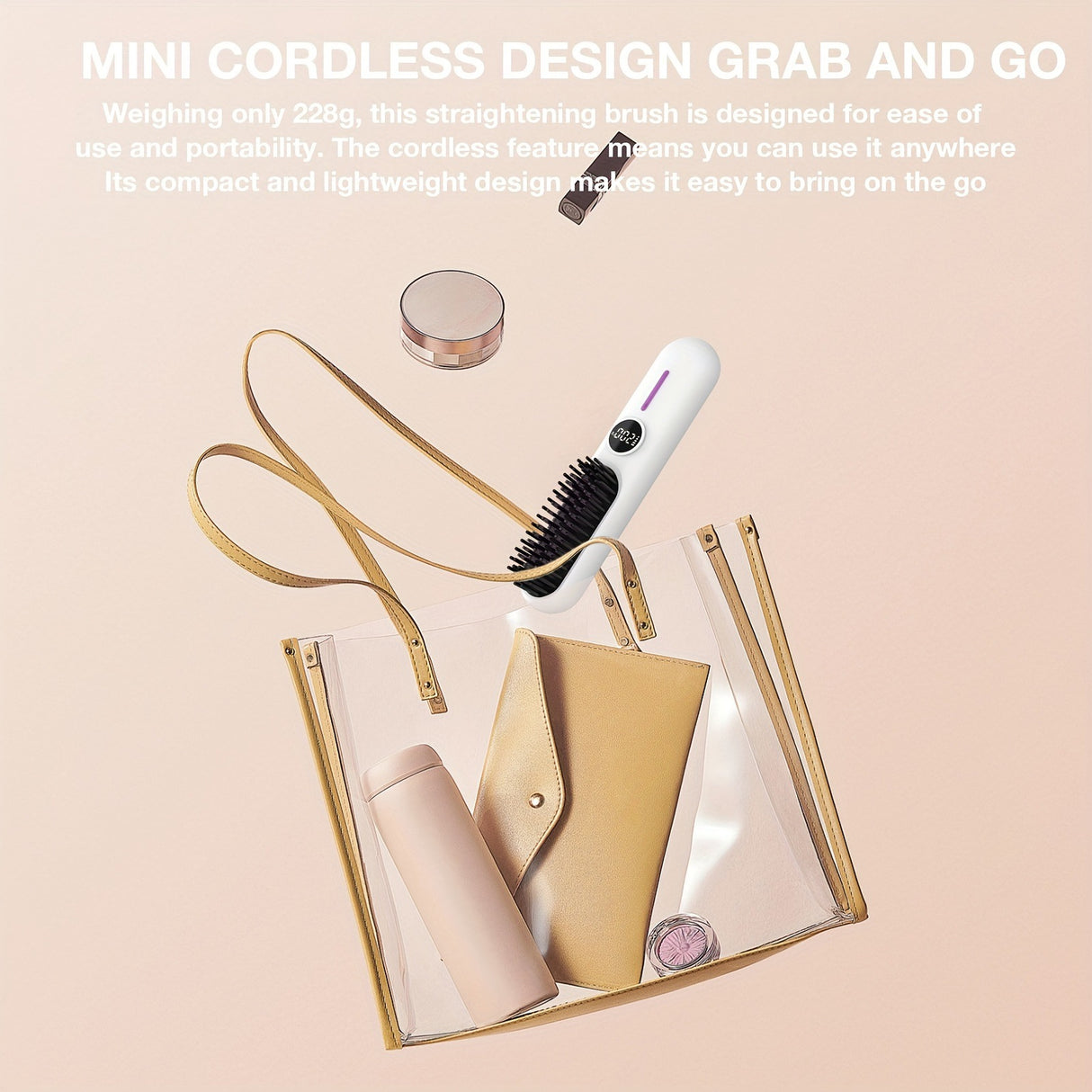 S01 White Cordless Hair Straightener Brush - 2-in-1 Curling & Straightening Tool with LED Power Display and 7-Level Temp Control, Mini Quick Heat Anti-Damage