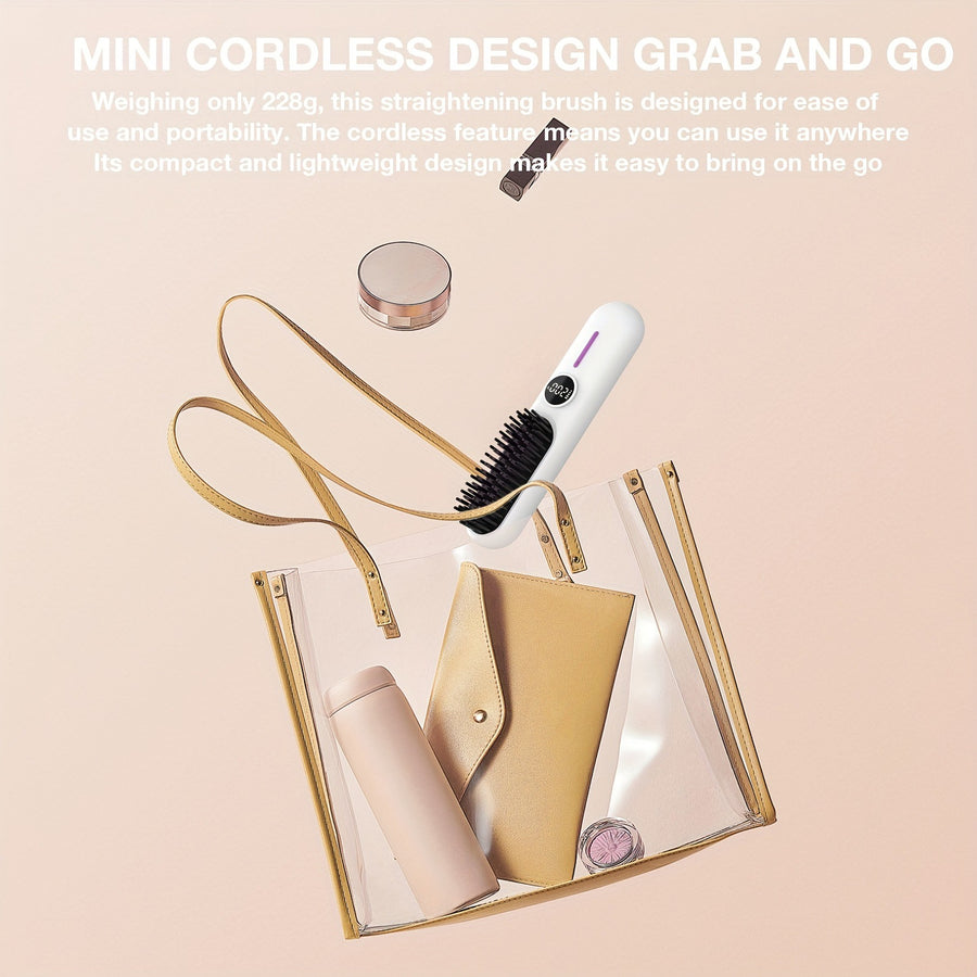 S01 White Cordless Hair Straightener Brush - 2-in-1 Curling & Straightening Tool with LED Power Display and 7-Level Temp Control, Mini Quick Heat Anti-Damage