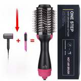 2-in-1 Black-Pink Negative Ion Hot Air Styler Brush - 7-Level Temp & 3-Gear Speed, Fast Drying Blow Dryer & Volumizing Straight/Curling Comb - Close-Up Angle