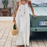 White Women's Crinkle Ice Silk Backless Cami Maxi Dress(Size M) - Loose Fit Lounge Nightgown Slip Dress, Casual Resort Wear - Side View