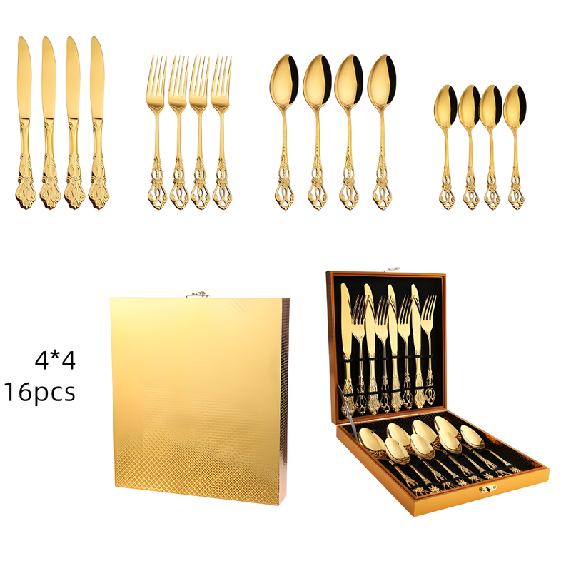 4Set / 16PCS Gold Royal Court Cutlery Set - Vintage Hollow Engraved 410 Stainless Steel Dinnerware with Gift Box