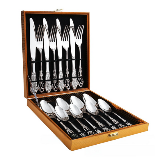 4Set / 16PCS Silver Royal Court Cutlery Set - Vintage Hollow Engraved 410 Stainless Steel Dinnerware