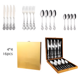 4Set / 16PCS Silver Royal Court Cutlery Set - Vintage Hollow Engraved 410 Stainless Steel Dinnerware with Gift Box - Front View