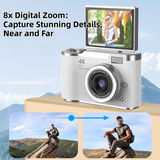 Purple 4K Compact Digital CCD Camera for Vlogging & Students - Portable Point and Shoot with 2.4-inch Rotating Screen, 8X Optical Zoom, and Anti-Shake