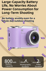 Purple 4K Compact Digital CCD Camera for Vlogging & Students - Portable Point and Shoot with 2.4-inch Rotating Screen, 8X Optical Zoom, and Anti-Shake - 45-Degree Angle
