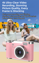 Pink 4K Compact Digital CCD Camera for Vlogging & Students - Portable Point and Shoot with 2.4-inch Rotating Screen, 8X Optical Zoom, and Anti-Shake - Rear View