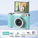 Green 4K Compact Digital CCD Camera for Vlogging & Students - Portable Point and Shoot with 2.4-inch Rotating Screen, 8X Optical Zoom, and Anti-Shake