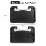 Black Multi-Functional Car Steering Wheel Tray - Portable Auto Desk for Eating, Laptop, and Drink Holder (42x28CM) - Front View