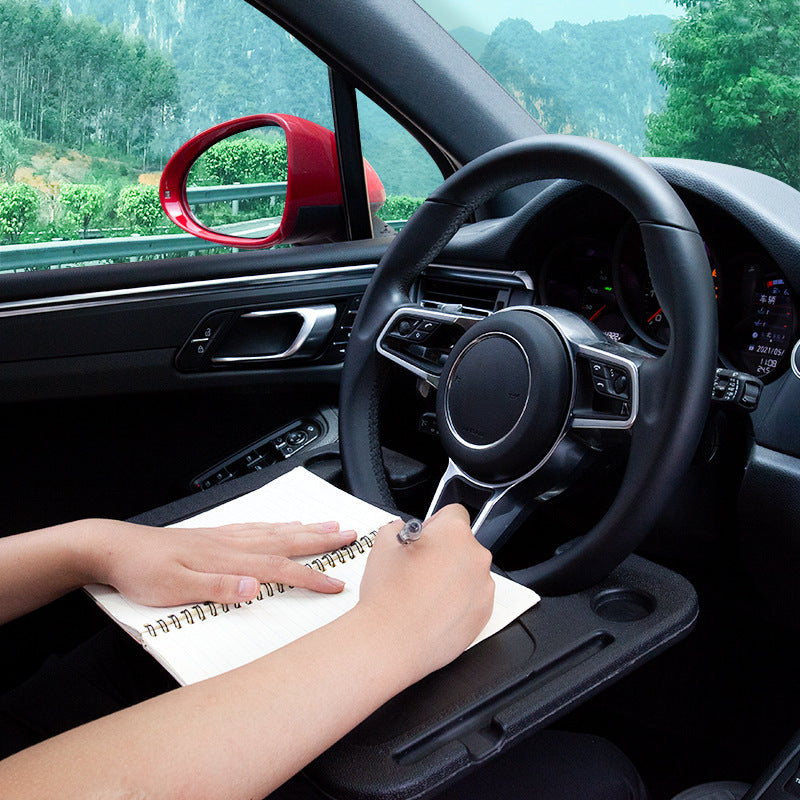 Grey Multi-Functional Car Steering Wheel Tray - Portable Auto Desk for Eating, Laptop, and Drink Holder (42x28CM)